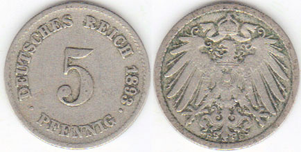 1893 F Germany 5 Pfennig A001856